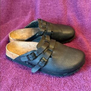 Birkenstock Black Leather Dual-Buckle Clogs